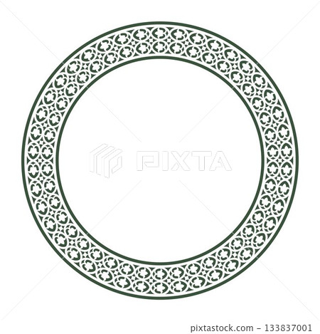 Vector round frame with arabesques and floral patterns. Egyptian, Assyrian, and Cairo motifs. Patterns of Greece and ancient Rome. Circle european border. Round antique border from Greek.  133837001