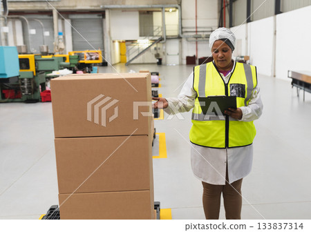 Woman inspecting stacked cardboard boxes on pallet in warehouse while holding clipboard, copy space Woman inspecting stacked cardboard boxes on pallet in warehouse while holding clipboard, copy space 133837314