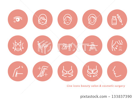 Cosmetic surgery and beauty salon line icon set with frame design, beige color scheme Cosmetic surgery and beauty salon line icon set with frame design, beige color scheme 133837390