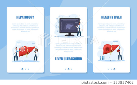Hepatology banner set. Liver disease set. Medical examination and therapy by hepatologist for diagnosis and prevention. Vector design 133837402