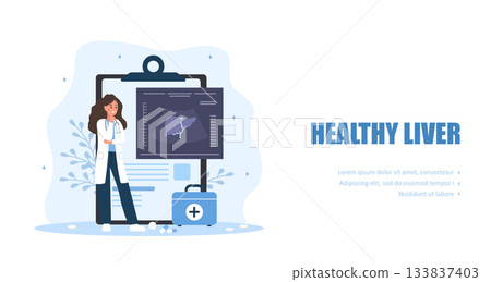 Healthy liver concept. Sonographic assessment of liver pathology. Gastroenterologist analyzing ultrasound images for disease diagnosis. Vector illustration in flat cartoon style Healthy liver concept. Sonographic assessment of liver pathology. Gastroenterologist analyzing ultrasound images for disease diagnosis. Vector illustration in flat cartoon style 133837403