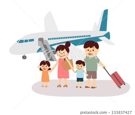 一家人在機場拖著行李箱 一家人在機場拖著行李箱 133837427