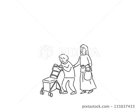 一位老婦人推著一輛銀色手推車行走,旁邊站著一位女士,線條畫。 一位老婦人推著一輛銀色手推車行走,旁邊站著一位女士,線條畫。 133837433