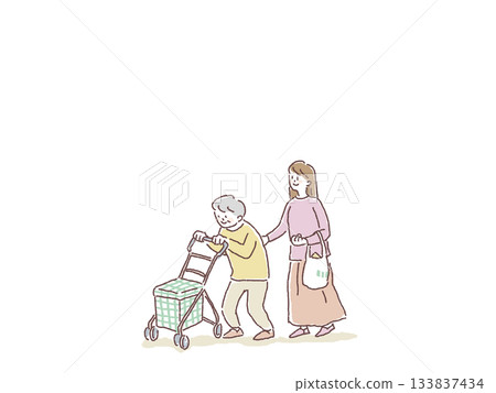 一位老婦人推著一輛銀色手推車，旁邊站著一位婦人。 133837434