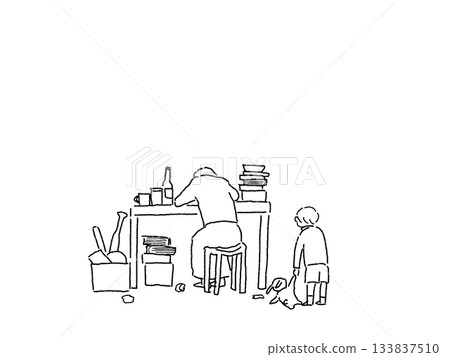 A woman lying face down on a desk in a dirty room and a child staring at her, line drawing 133837510