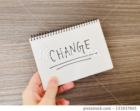 A hand holding a notebook with the word "CHANGE" written on it A hand holding a notebook with the word "CHANGE" written on it 133837605