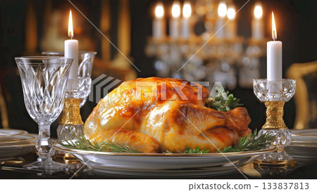 Roasted turkey with golden brown skin, herb garnish and glistening juices on white and gold plate, set amid candlelight, crystal stemware and festive table decor 133837813
