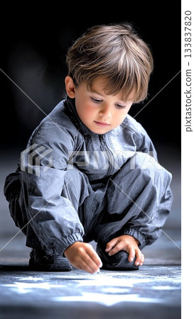 Young teen wearing gray overalls drawing intently with chalk on ground, concentrating deeply while creating colorful artwork against shadowy background, creative child 133837820