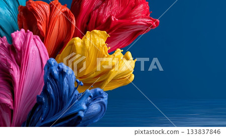 Vibrant paint droplets exploding against serene blue water, generating dynamic visual energy with expansive negative space for graphic design applications 133837846