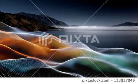 Colorful digital waves flowing gracefully over dark water surface, mountain range rising in background, revealing surreal nighttime digital landscape with abstract visual elements 133837849