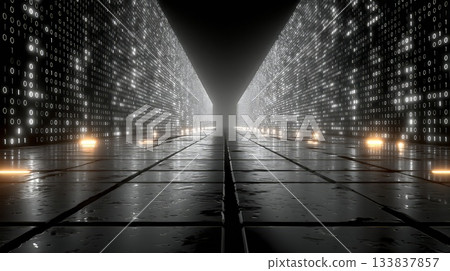 Wet corridor glowing with orange illumination, walls streaming binary code, creating immersive digital landscape blending technological ambiance with visual complexity 133837857
