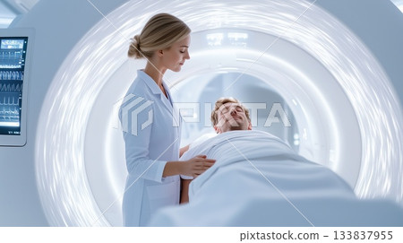 Medical professional positioning male patient near advanced CT scanner, performing diagnostic imaging in modern clinical setting 133837955