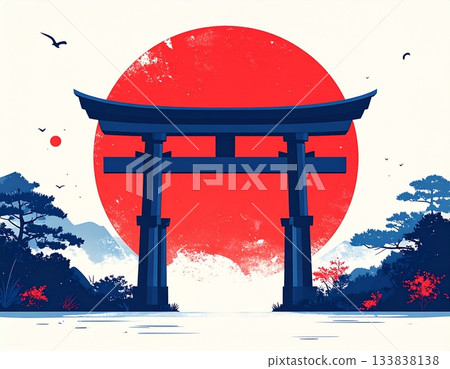鳥居、富士山和太陽的日本插圖 133838138