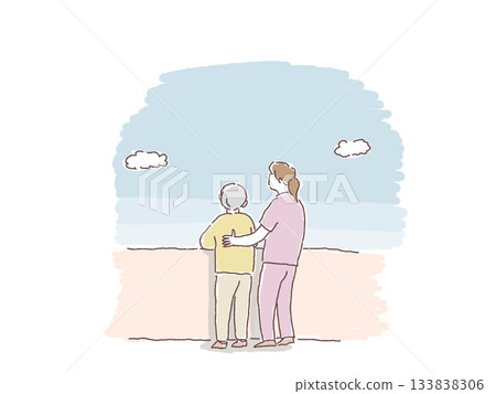 Elderly woman and woman looking up at the sky (nurse, helper, caregiver) Elderly woman and woman looking up at the sky (nurse, helper, caregiver) 133838306