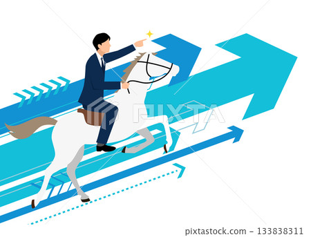 2026年企業新年賀卡。插圖為一位騎著白馬的商人,旁邊是一支藍色箭頭,向量圖。 2026年企業新年賀卡。插圖為一位騎著白馬的商人,旁邊是一支藍色箭頭,向量圖。 133838311