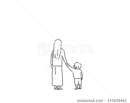 Mother holding hands with child (little boy), line drawing Mother holding hands with child (little boy), line drawing 133838461