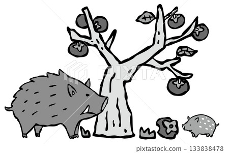 A mother and her baby wild boar enter a private garden. Persimmon tree 133838478