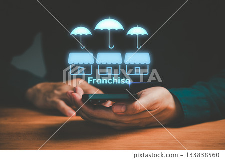 Business franchise concept with digital icon of shop and umbrella above smartphone, symbolizing investment, business expansion, retail growth, brand management and franchise opportunities in commerce. Business franchise concept with digital icon of shop and umbrella above smartphone, symbolizing investment, business expansion, retail growth, brand management and franchise opportunities in commerce. 133838560