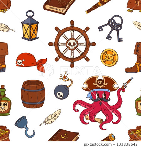 Cartoon pirate and corsair items seamless pattern with octopus captain, vector background for kids. Pirate pattern with ship helm and corsair hook hand, sailor spyglass, rum bottle and treasure gold Cartoon pirate and corsair items seamless pattern with octopus captain, vector background for kids. Pirate pattern with ship helm and corsair hook hand, sailor spyglass, rum bottle and treasure gold 133838642
