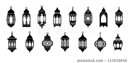 Ramadan Kareem arab islamic lantern lamp silhouette. Islam traditional lamp icons for traditional culture on holiday eid mubarak. Black moroccan and egyptian lanterns for hanging in mosque Ramadan Kareem arab islamic lantern lamp silhouette. Islam traditional lamp icons for traditional culture on holiday eid mubarak. Black moroccan and egyptian lanterns for hanging in mosque 133838648