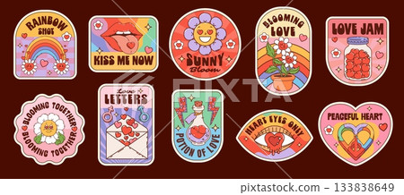 Hippie love groovy stickers, Valentine retro patches with funky smiles, cartoon vector. Valentine Y2K love stickers of psychedelic daisy flower, groovy rainbow with flowers and heart in love message Hippie love groovy stickers, Valentine retro patches with funky smiles, cartoon vector. Valentine Y2K love stickers of psychedelic daisy flower, groovy rainbow with flowers and heart in love message 133838649
