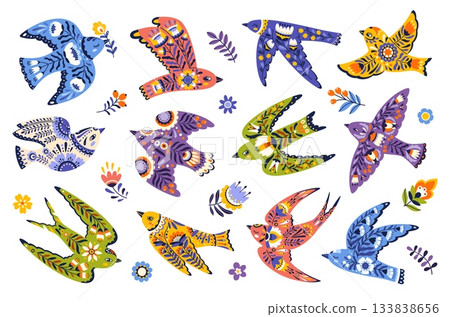 Ethnic scandinavian vector birds, decorated with folk hand drawn animal characters, floral and geometric pattern. Nordic tribal culture, fabric textile print, ethnic craft scandinavian birds 133838656