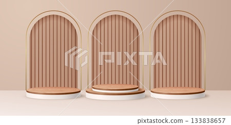 3d beige podium cosmetics stage with wooden plates. Vector luxury template with round platforms and golden arches. Realistic pastel mockup with clean shapes for product presentation 133838657