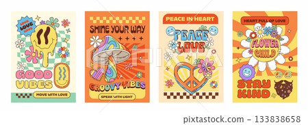 70s hippie groovy characters posters. Retro psychedelic cards with cheerful messages, smiling faces, colorful mushrooms, peace signs, flowers and bold typography, evoking free spirited vibe of the 60s 133838658