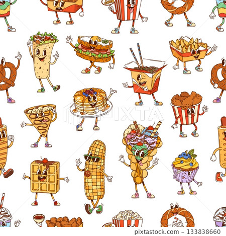 Groovy fast food characters seamless pattern. Vector tile background with anthropomorphic tacos, waffles, noodles, ice cream, pancakes, corn, fries and sandwich cartoon y2k personages dancing joyfully Groovy fast food characters seamless pattern. Vector tile background with anthropomorphic tacos, waffles, noodles, ice cream, pancakes, corn, fries and sandwich cartoon y2k personages dancing joyfully 133838660