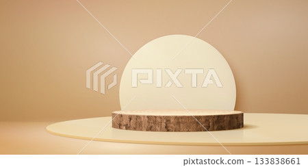 Wooden pedestal podium stage with beige background. Vector round wooden platform with natural wood texture and rustic circular shape for product display. 3d stand with realistic shadow for ad 133838661