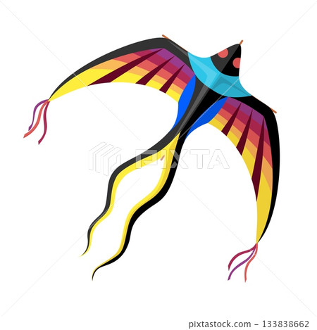 Cartoon paper kite designed as swallow bird with wide rainbow wings and striped tail, black body, fabric streamers and string attachment. Isolated vector kid toy for outdoor fun and festive activities Cartoon paper kite designed as swallow bird with wide rainbow wings and striped tail, black body, fabric streamers and string attachment. Isolated vector kid toy for outdoor fun and festive activities 133838662