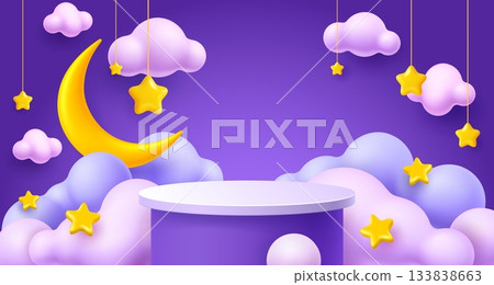 3d kids podium with night sky stars, moon and clouds. Cartoon vector dreamy circular scene with round platform, soft clouds, crescent moon and hanging stars. Magical background for showcasing products 3d kids podium with night sky stars, moon and clouds. Cartoon vector dreamy circular scene with round platform, soft clouds, crescent moon and hanging stars. Magical background for showcasing products 133838663