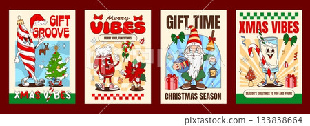 Christmas groovy hippie characters xmas posters. Vector festive retro Christmas greeting cards featuring cheerful holiday personages as bauble, mitten with poinsettia, dwarf and milk with a candy cane 133838664