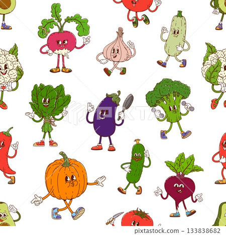 Groovy vegetable characters pattern of cartoon funny veggie with faces, vector seamless background. Groovy vegetable pattern of funky tomato with spinach, pumpkin, cauliflower and broccoli characters Groovy vegetable characters pattern of cartoon funny veggie with faces, vector seamless background. Groovy vegetable pattern of funky tomato with spinach, pumpkin, cauliflower and broccoli characters 133838682