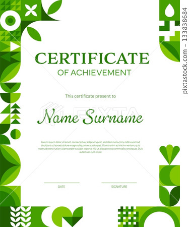 Vertical ecology business certificate with geometric pattern for diploma, vector template. Certificate of achievement in green technology or sustainable environment project for nature conservation 133838684