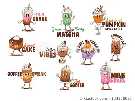 Y2K groovy desserts and drinks cartoon character stickers with funny faces, vector sweets. Cartoon groovy stickers of coffee, hot chocolate with brownie cake, milkshake and matcha tea with cupcake 133838685