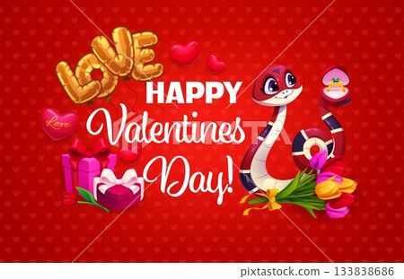 Happy Valentine Day greeting card with funny snake and wedding ring, cartoon vector. Valentine Day holiday greeting with funny snake, heart balloons and love gifts in flowers for engagement or wedding 133838686