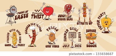 Funky barbeque Y2K groovy and hippie BBQ character stickers, cartoon vector t shirt prints. Groovy stickers with barbecue food, trippy steak, funny sausage with cheeseburger and potato in good vibes Funky barbeque Y2K groovy and hippie BBQ character stickers, cartoon vector t shirt prints. Groovy stickers with barbecue food, trippy steak, funny sausage with cheeseburger and potato in good vibes 133838687