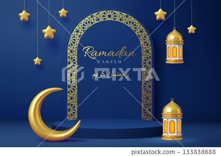 3d ramadan kareem podium stage with golden crescent and hanging stars and islamic lanterns. Vector arab motif on golden arch with text. Realistic vector banner with navy blue platform and background 133838688