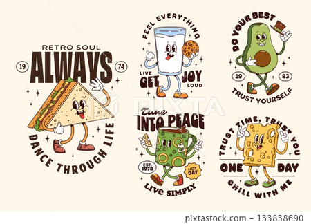 Breakfast food groovy characters stickers and t shirt prints. Retro cartoon mascot sandwich, dancing teacup, slice of cheese, cheerful avocado and glass of milk with cookie. Vector positive quotes 133838690