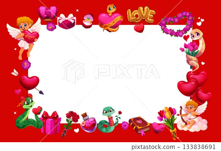 Valentine day holiday frame with hearts, cupids and flowers, vector greeting card template. Valentine day frame of cherub angel cartoon characters, snakes with roses and heart balloons or wedding ring 133838691