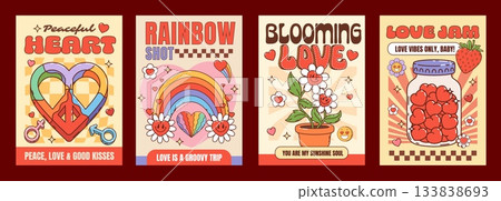 Groovy hippie love characters on Valentine posters with hearts and rainbows, cartoon vector. Valentine day Y2K retro groovy hippie posters with hearts in jar, female and male signs or romantic quotes 133838693