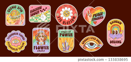 Hippie funky groovy label stickers, retro patches with peace fingers sign and rainbow, cartoon vector art. Y2K groovy stickers with hippie girl in sunglasses, trippy daisy flower and good vibe quotes Hippie funky groovy label stickers, retro patches with peace fingers sign and rainbow, cartoon vector art. Y2K groovy stickers with hippie girl in sunglasses, trippy daisy flower and good vibe quotes 133838695