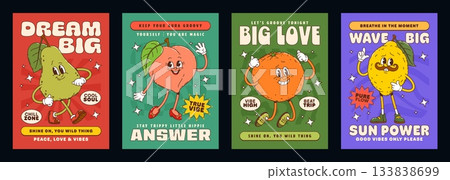 Ripe fruits groovy hippie characters posters. Vector set of pear, peach, orange, and lemon retro personages with smiling faces and vintage sneakers, promoting joy, positivity, selflove and good vibes Ripe fruits groovy hippie characters posters. Vector set of pear, peach, orange, and lemon retro personages with smiling faces and vintage sneakers, promoting joy, positivity, selflove and good vibes 133838699