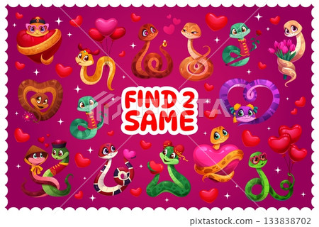 Find two same Valentine lovely snakes, game worksheet for kids, vector puzzle quiz. Find two same pictures of cartoon funny snake characters with Valentine hearts and flowers for game worksheet Find two same Valentine lovely snakes, game worksheet for kids, vector puzzle quiz. Find two same pictures of cartoon funny snake characters with Valentine hearts and flowers for game worksheet 133838702