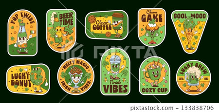 St Patrick day hippie groovy label stickers with funny characters for Irish holiday, cartoon vector. Groovy green ale beer with funny face and cupcake in leprechaun hat for Saint Patrick stickers St Patrick day hippie groovy label stickers with funny characters for Irish holiday, cartoon vector. Groovy green ale beer with funny face and cupcake in leprechaun hat for Saint Patrick stickers 133838706