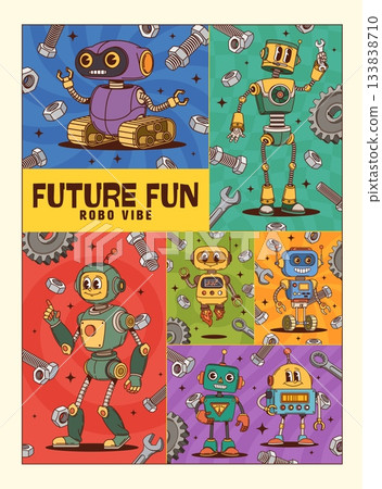 Robot droids hippie groovy characters poster collage. Funny positive robots dance with cool vibes. Retro technology flyer with bolts and nuts, gear tech for kids party and retro game Robot droids hippie groovy characters poster collage. Funny positive robots dance with cool vibes. Retro technology flyer with bolts and nuts, gear tech for kids party and retro game 133838710