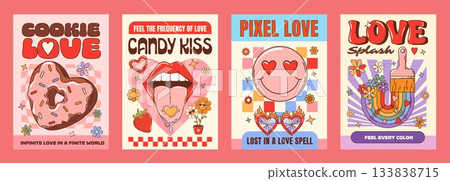 Retro party groovy love characters posters featuring heart shaped donut, daisy flowers, rainbow, lips and playful romantic expressions. Vector bright and quirky cards with y2k hippie and vintage vibes Retro party groovy love characters posters featuring heart shaped donut, daisy flowers, rainbow, lips and playful romantic expressions. Vector bright and quirky cards with y2k hippie and vintage vibes 133838715