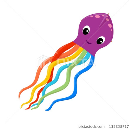 Cartoon paper kite shaped as octopus with a purple head and big cartoon eyes, featuring long rainbow tentacles flowing behind. Cute vector kids toy for happy game and traditional entertainment 133838717