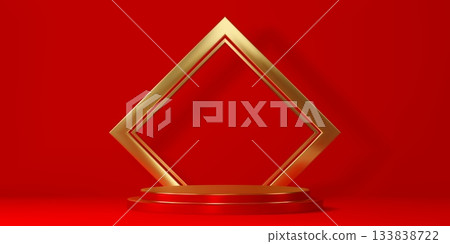 3d red vector podium stage with pedestal stand and golden arch frame. Product presentation, award show, jewelry display, modern exhibition podium. Golden circle platform for show and exhibition 133838722